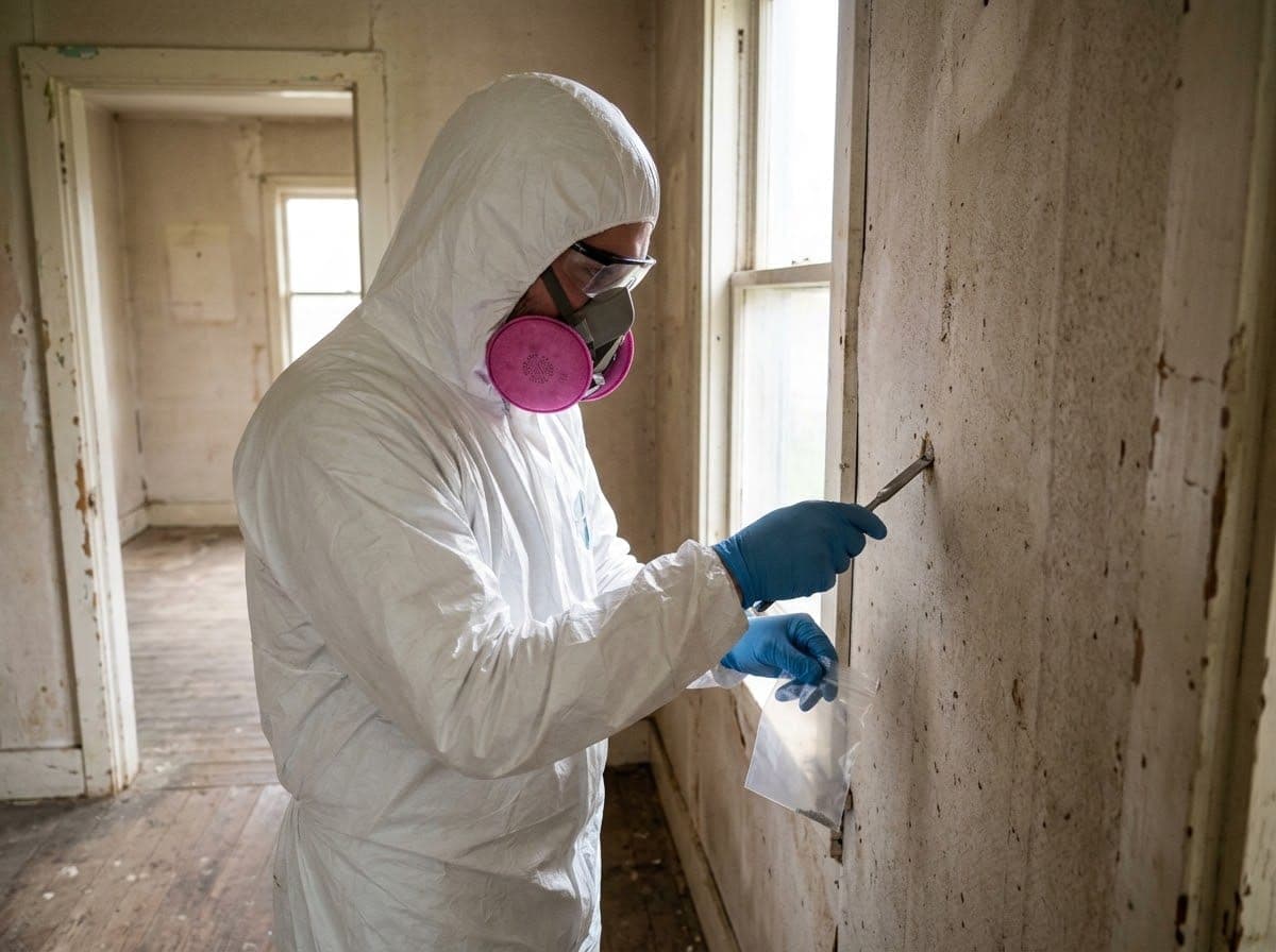Assessor in coveralls and a respirator taking a sample from an old wall panel