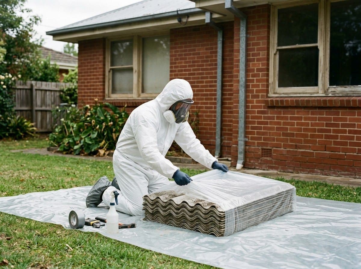 Technician in protective coveralls and a full-face respirator wrapping fibre cement sheets in plastic for disposal