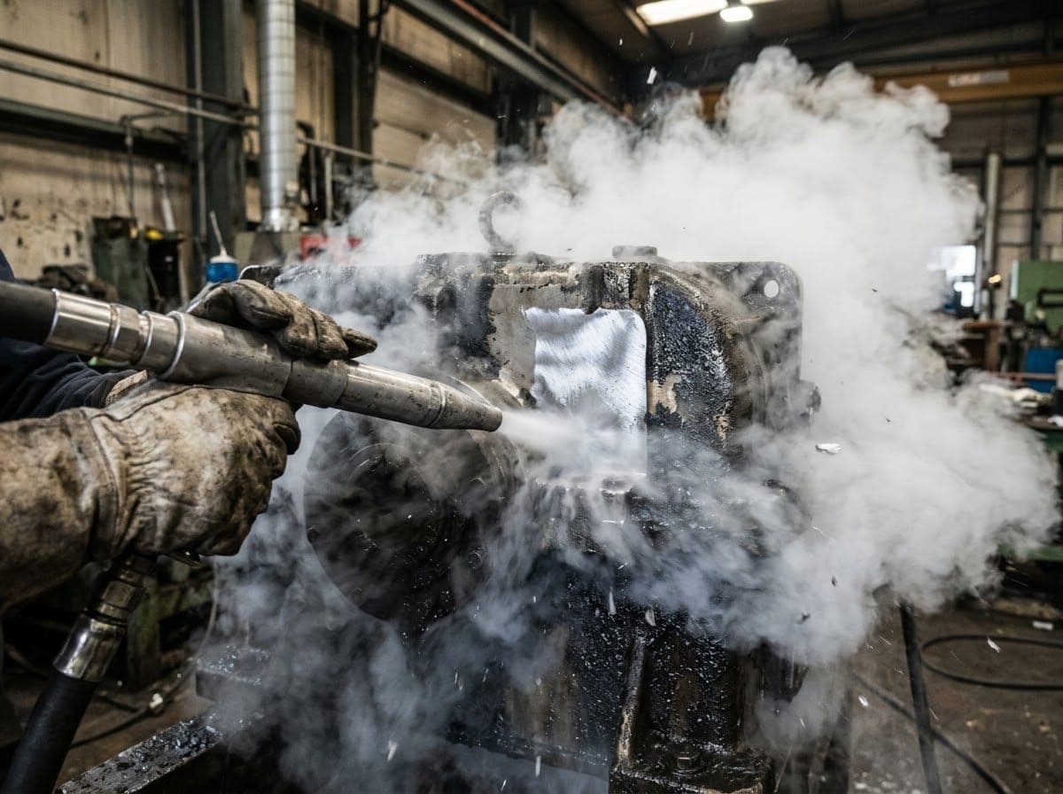 Dry ice blasting nozzle cleaning grease from a steel gearbox in a cloud of vapour