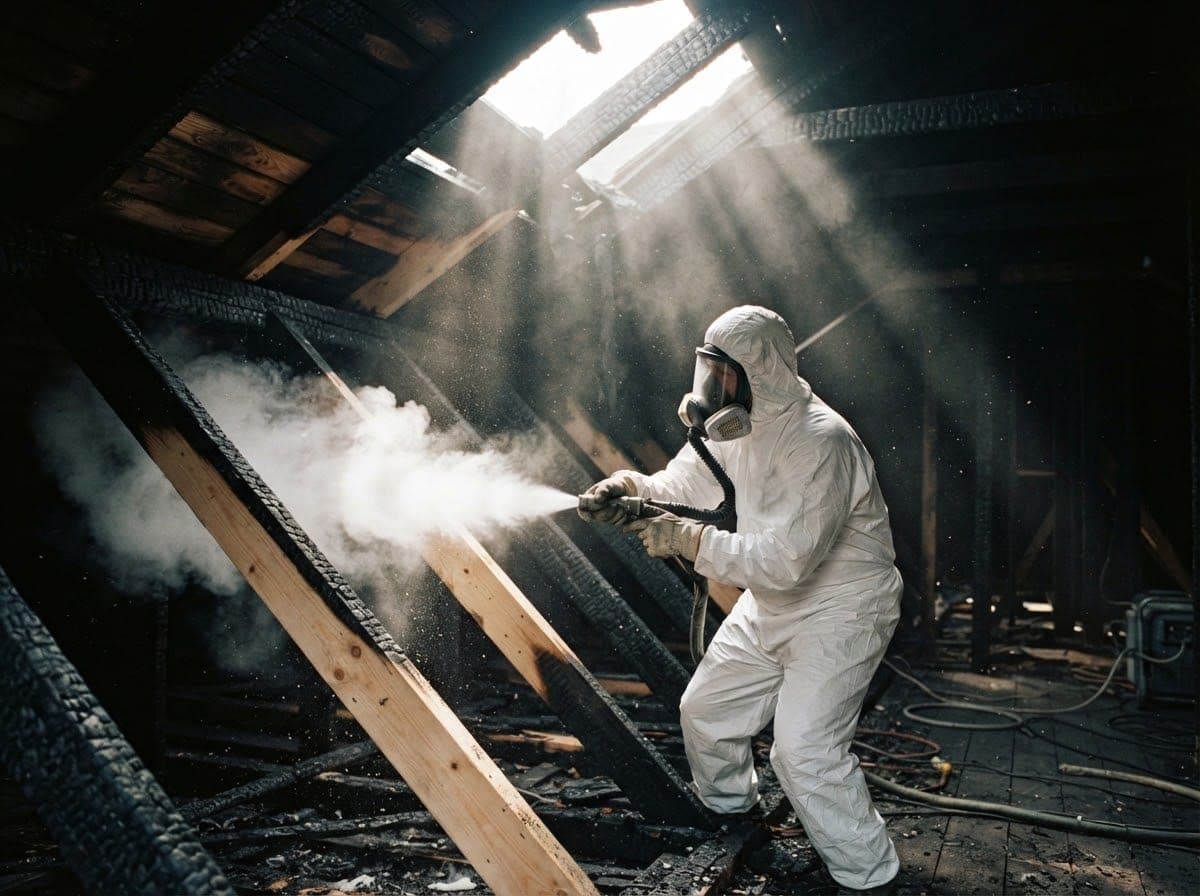 Technician in protective coveralls dry ice blasting soot from charred roof timbers
