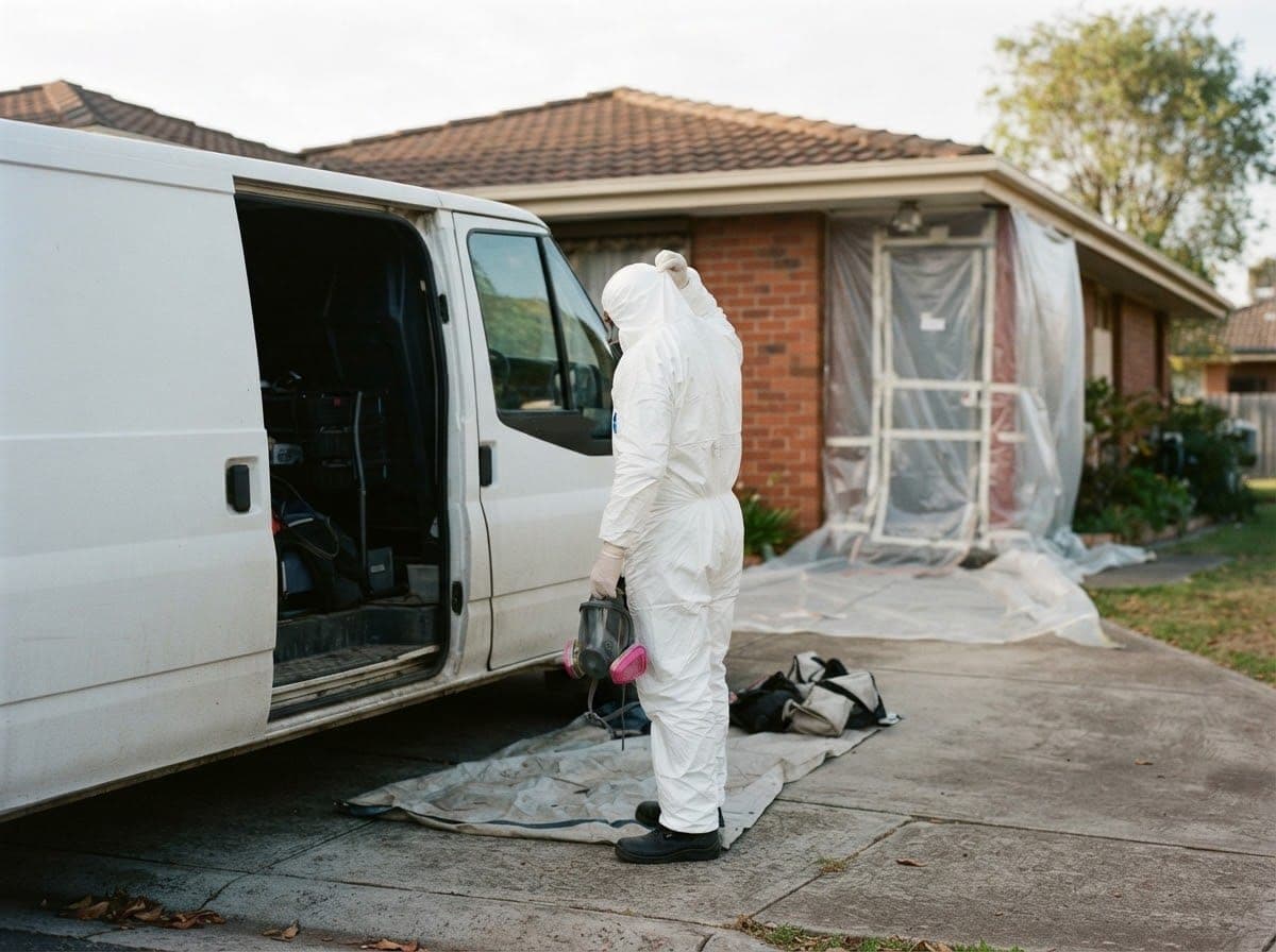 A technician pulling on protective coveralls beside a work van outside a house sealed for asbestos removal