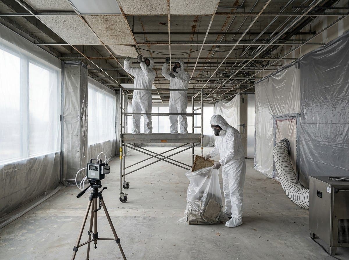 A crew in protective coveralls and respirators removing an office ceiling inside a sealed containment, with an air monitoring pump