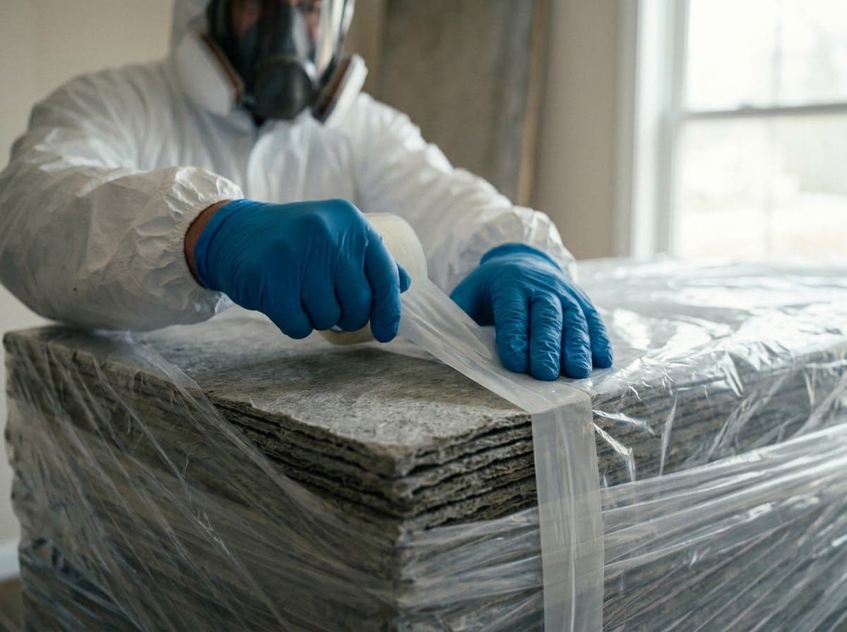 Gloved hands sealing a fibre cement sheet wrapped in thick plastic for disposal