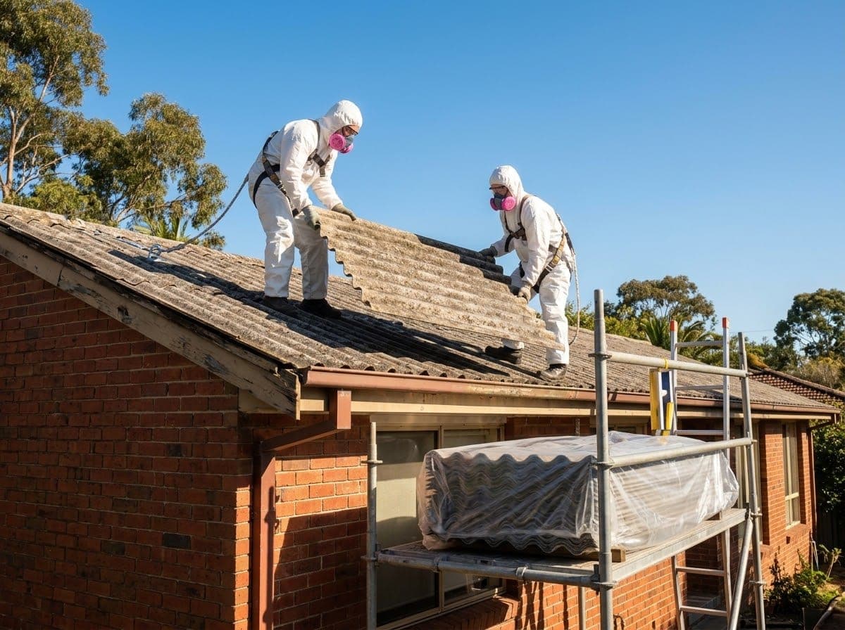 Two asbestos removal workers in protective coveralls, respirators and safety harnesses lifting fibre cement sheets from a house roof