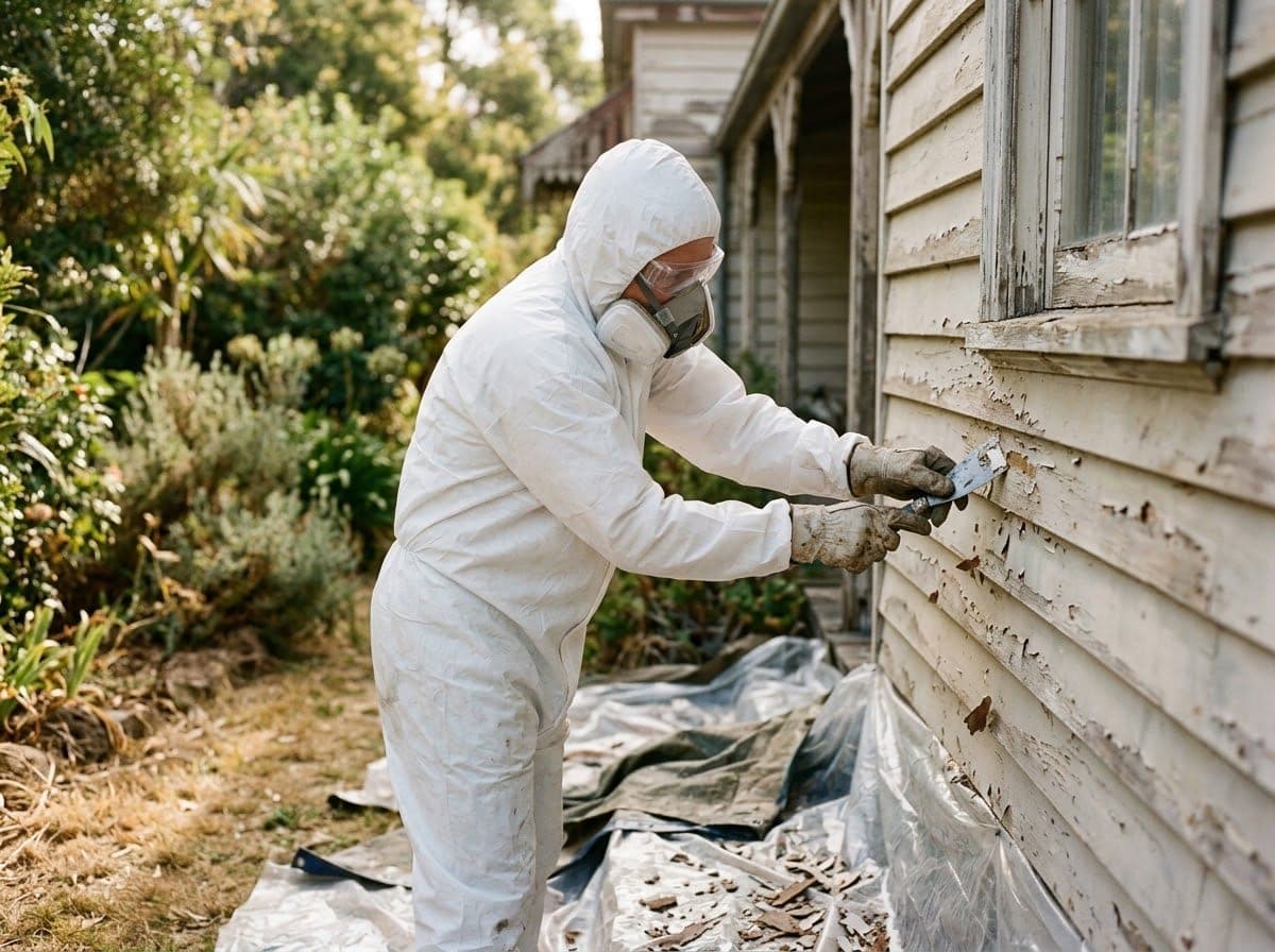 Worker in coveralls and a respirator scraping old paint from weatherboards over plastic drop sheets