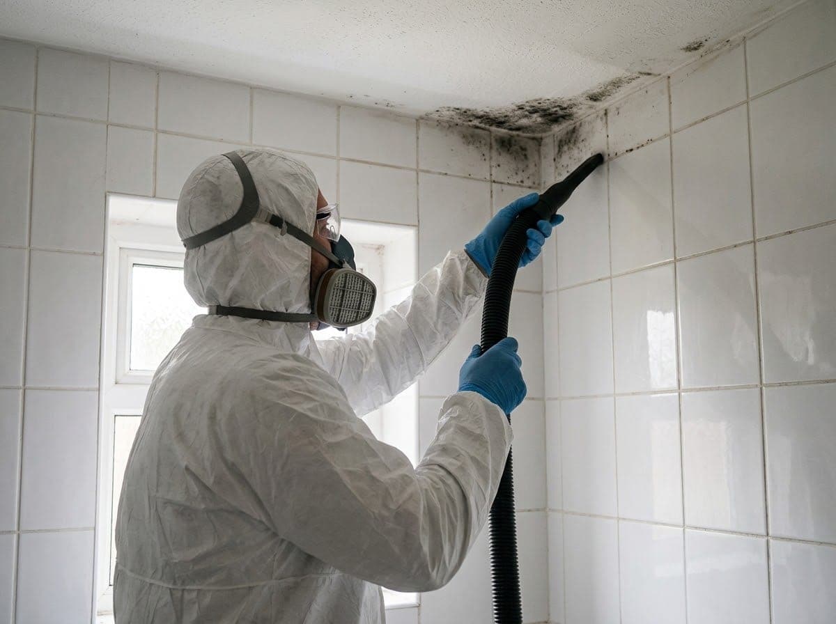 Technician in protective gear using a HEPA vacuum on mould in a bathroom ceiling corner