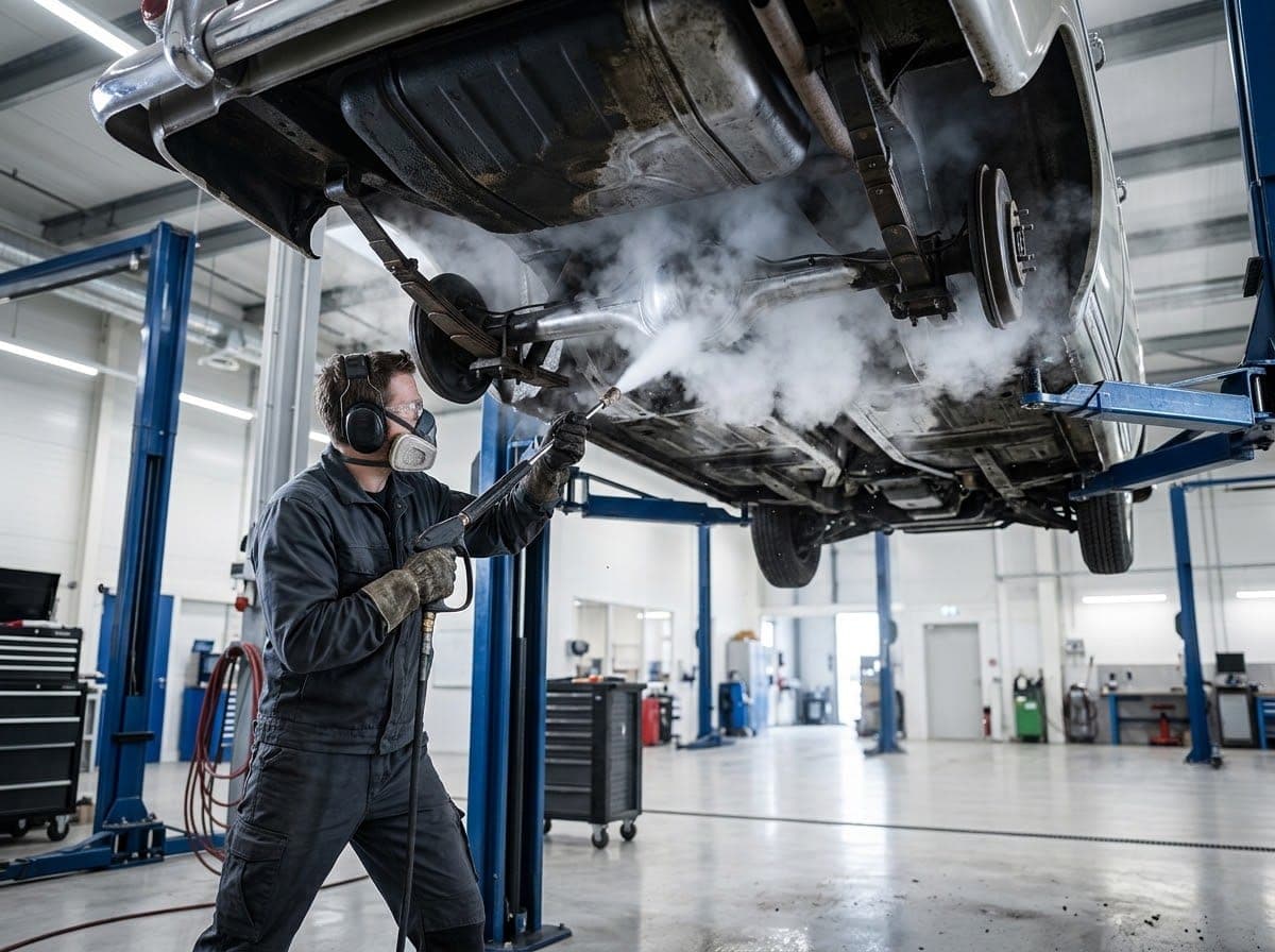 Technician dry ice cleaning the underside of a classic car raised on a hoist