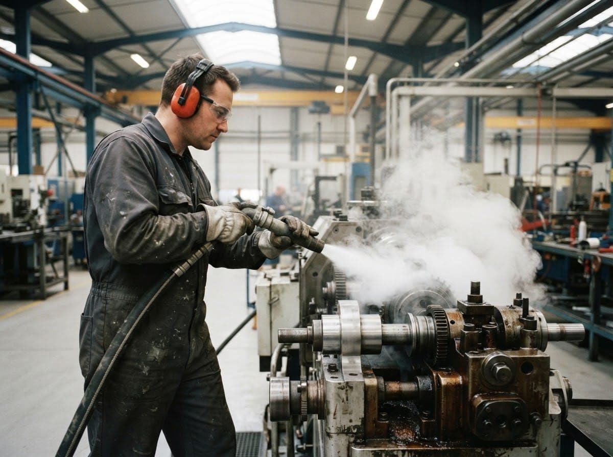 Technician dry ice blasting a large industrial machine in a cloud of vapour